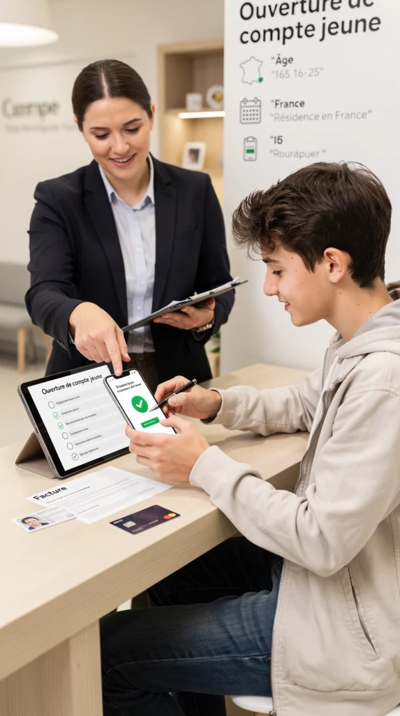 une conseillère en banque aide un jeune homme à ouvrir un compte en banque une conseillère en banque aide un jeune homme à ouvrir un compte en banque