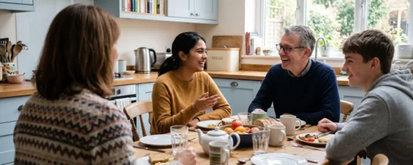 Une jeune étudiante vue de dos participe à une conversation animée avec les membres d'une famille britannique autour d'une table de cuisine lumineuse