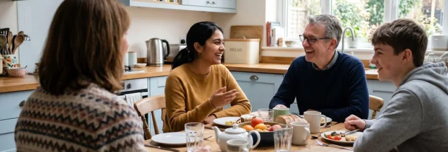 Une jeune étudiante vue de dos participe à une conversation animée avec les membres d'une famille britannique autour d'une table de cuisine lumineuse