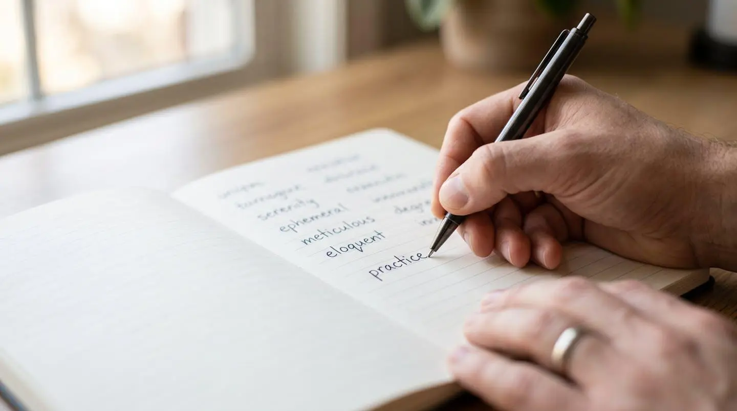 Gros plan sur les mains d'un étudiant écrivant dans un carnet de vocabulaire ouvert, mots anglais manuscrits légèrement floutés, stylo et lumière naturelle latérale
