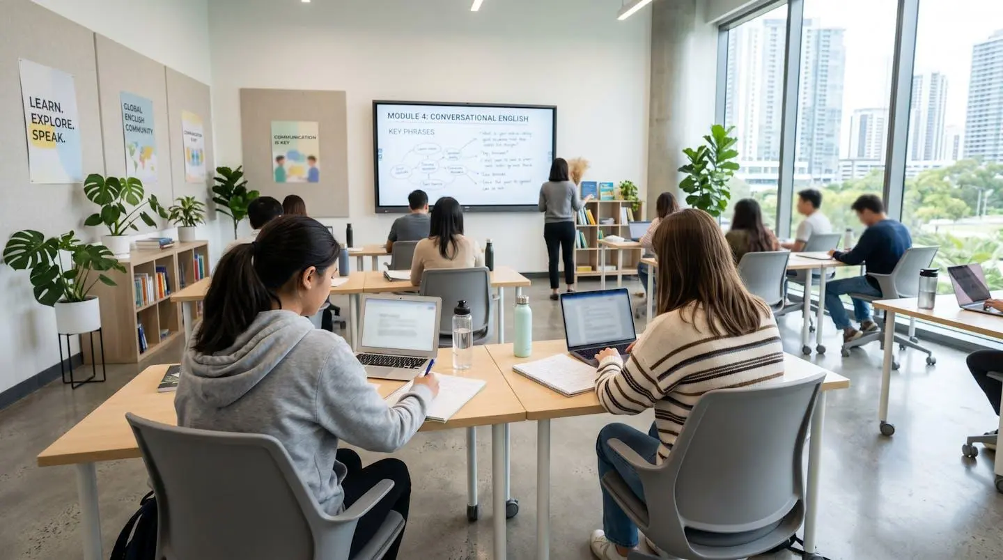 Une salle de classe lumineuse d'école de langue contemporaine avec deux étudiants vus de dos travaillant sur des exercices, tableau interactif en arrière-plan légèrement flouté